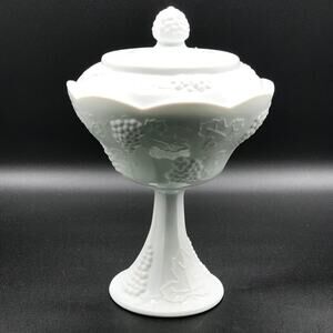 Vintage Milk Glass Compote Pedestal Bowl Candy Dish with Lid 10.5"